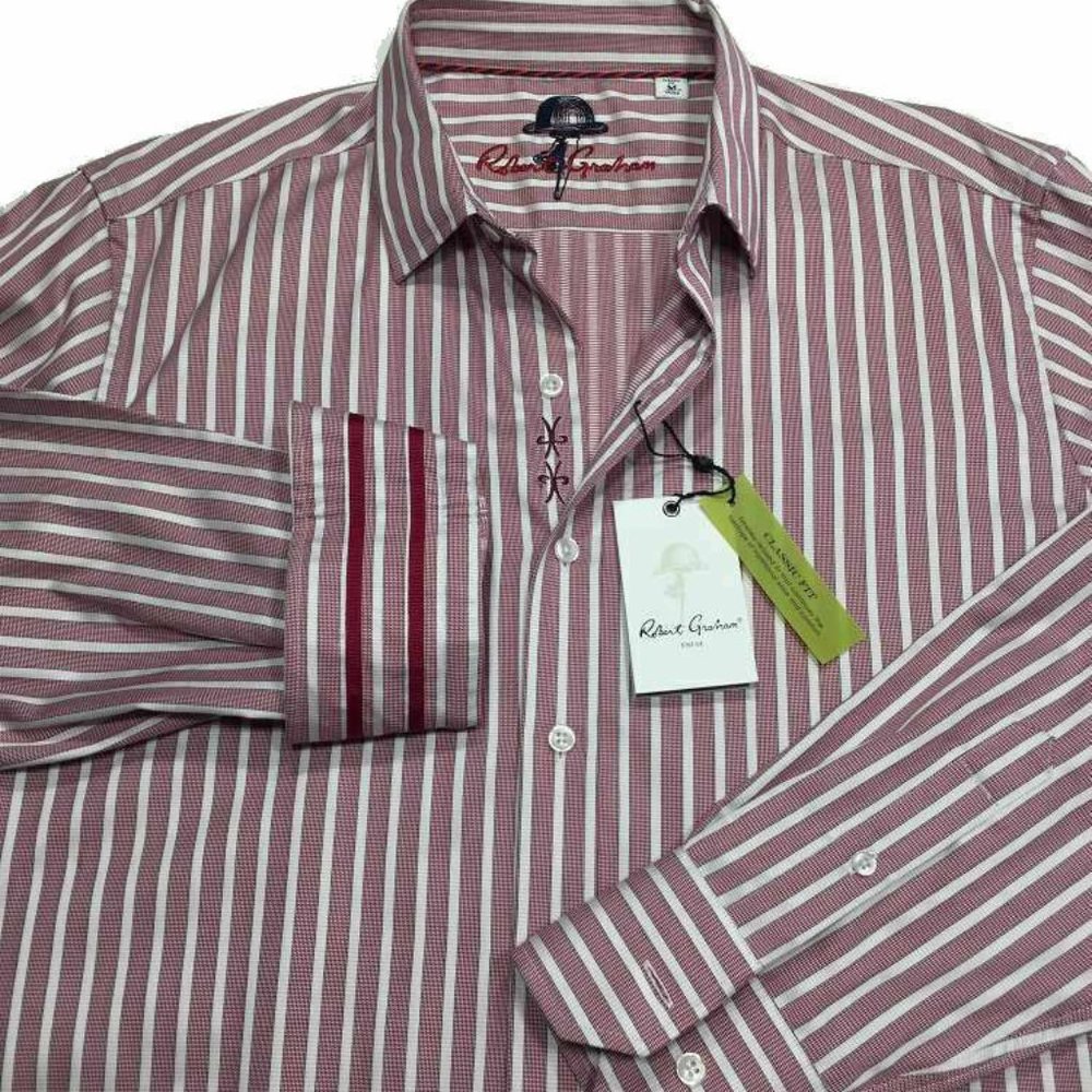 Robert Graham Puddle Dock Button Shirt M Burgundy Stripe Club Mens